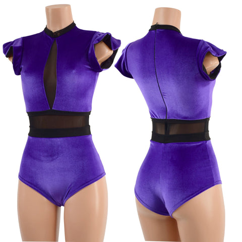 Ready to Ship Purple Velvet and Mesh Romper with Inset Keyhole Neckline XS - Coquetry Clothing