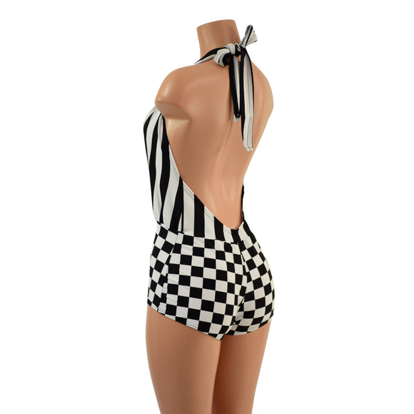 Josie Romper in Black and White Checkered and Stripes - Coquetry Clothing