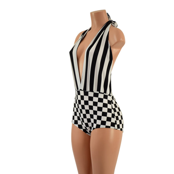 Josie Romper in Black and White Checkered and Stripes - Coquetry Clothing