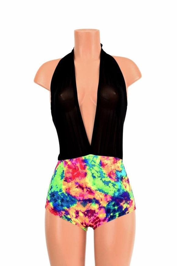 "Josie" Romper in Black Mesh & Acid Splash - Coquetry Clothing