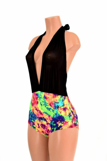 "Josie" Romper in Black Mesh & Acid Splash - Coquetry Clothing