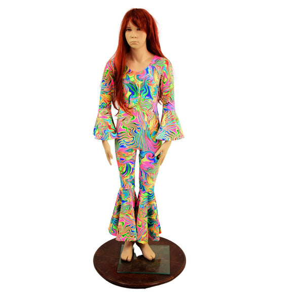 Kids Neon Flux Bell Bottom Catsuit with Trumpet Sleeves and Back Zipper - Coquetry Clothing