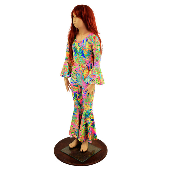 Kids Neon Flux Bell Bottom Catsuit with Trumpet Sleeves and Back Zipper - Coquetry Clothing