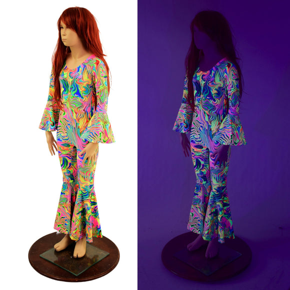 Kids Neon Flux Bell Bottom Catsuit with Trumpet Sleeves and Back Zipper - Coquetry Clothing