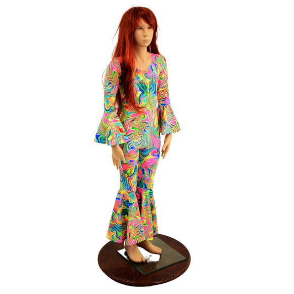 Kids Neon Flux Bell Bottom Catsuit with Trumpet Sleeves and Back Zipper - Coquetry Clothing