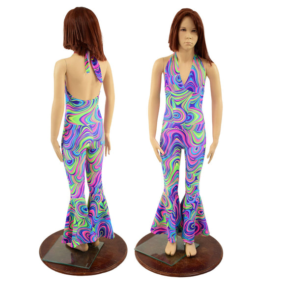 Kids Neon UV Glow Monroe Style Bell Bottom Catsuit in Glow Worm - Coquetry Clothing
