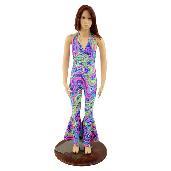 Kids Neon UV Glow Monroe Style Bell Bottom Catsuit in Glow Worm - Coquetry Clothing