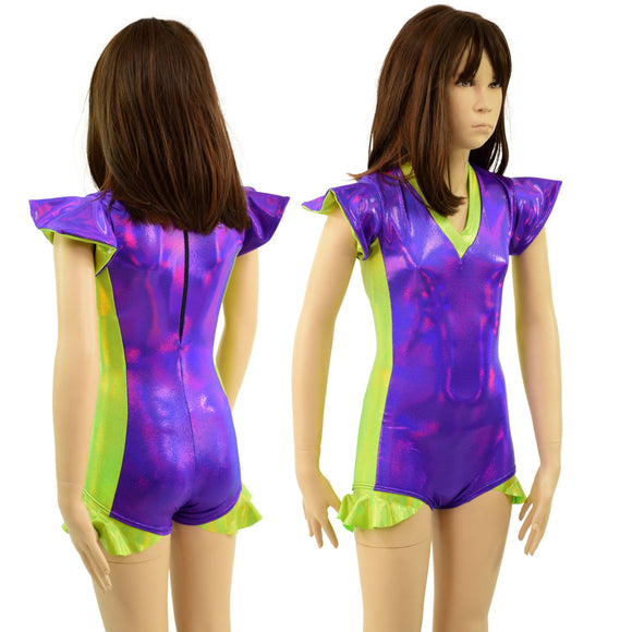 Kids V neck, Flip Sleeve, Side Panel Romper with Hip Ruffles - Coquetry Clothing