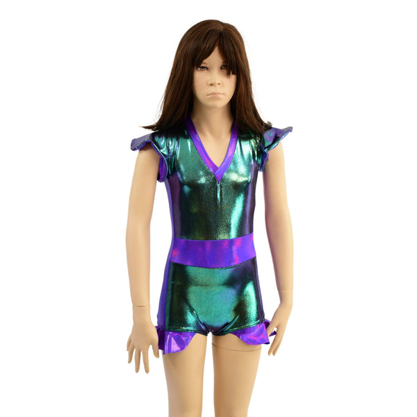 Kids V neck, Flip Sleeve, Side Panel Romper with Hip Ruffles - 5