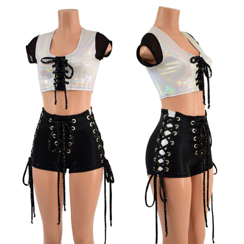 Triple Laceup Shorts and Crop Top Set with Inset Paneling - Coquetry Clothing