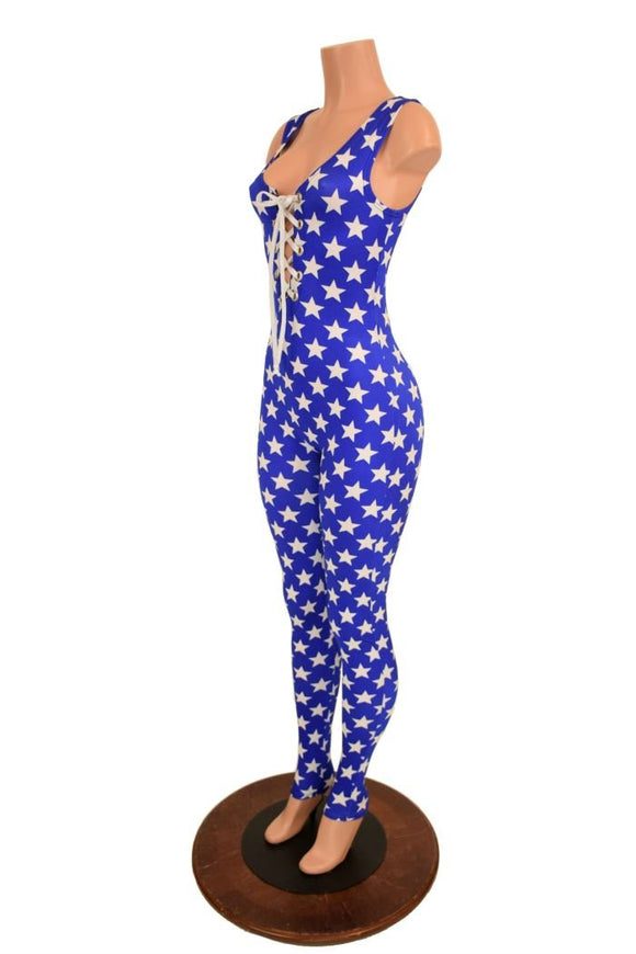Lace Up Blue & White Star Catsuit - Coquetry Clothing