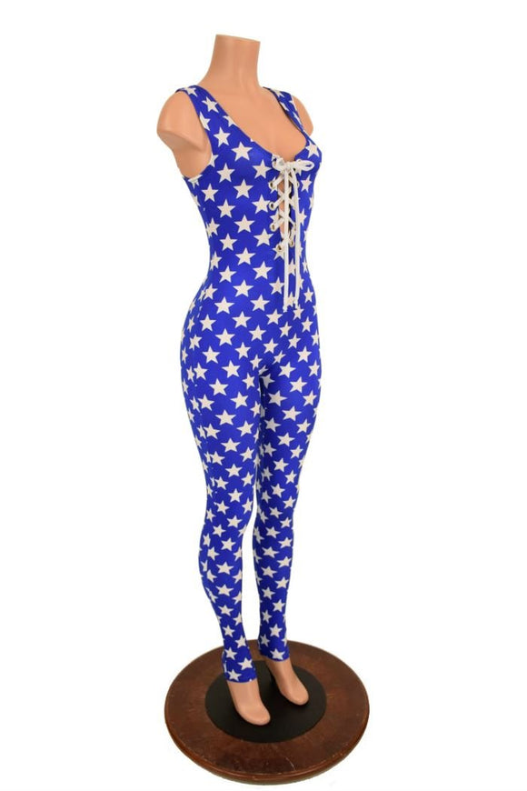 Lace Up Blue & White Star Catsuit - Coquetry Clothing