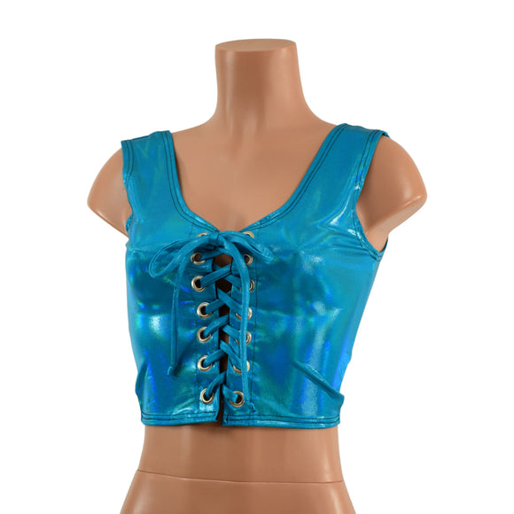 Lace Up Crop Tank in Peacock Blue Holographic - Coquetry Clothing