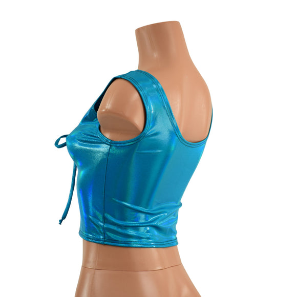Lace Up Crop Tank in Peacock Blue Holographic - Coquetry Clothing