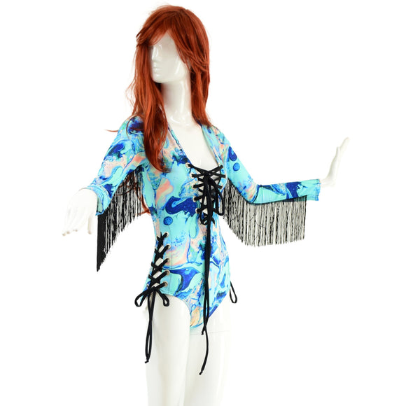 Lace Up Fringe Romper in Lapis Lagoon - Coquetry Clothing