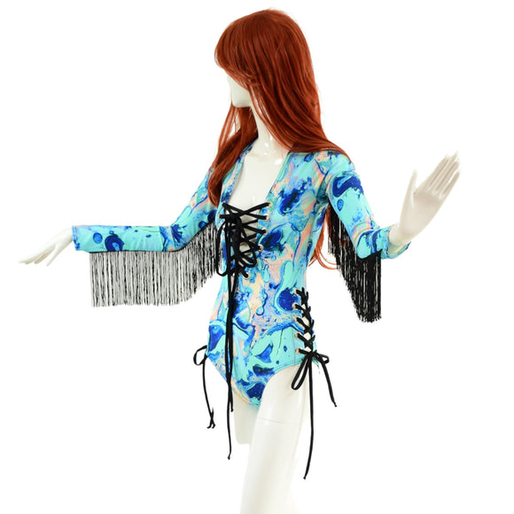 Lace Up Fringe Romper in Lapis Lagoon - Coquetry Clothing
