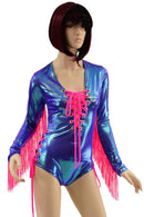 Lace Up Fringe Romper in Moonstone and Neon Pink - Coquetry Clothing
