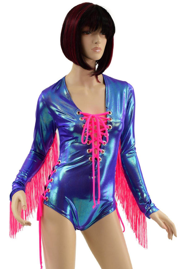Lace Up Fringe Romper in Moonstone and Neon Pink - Coquetry Clothing