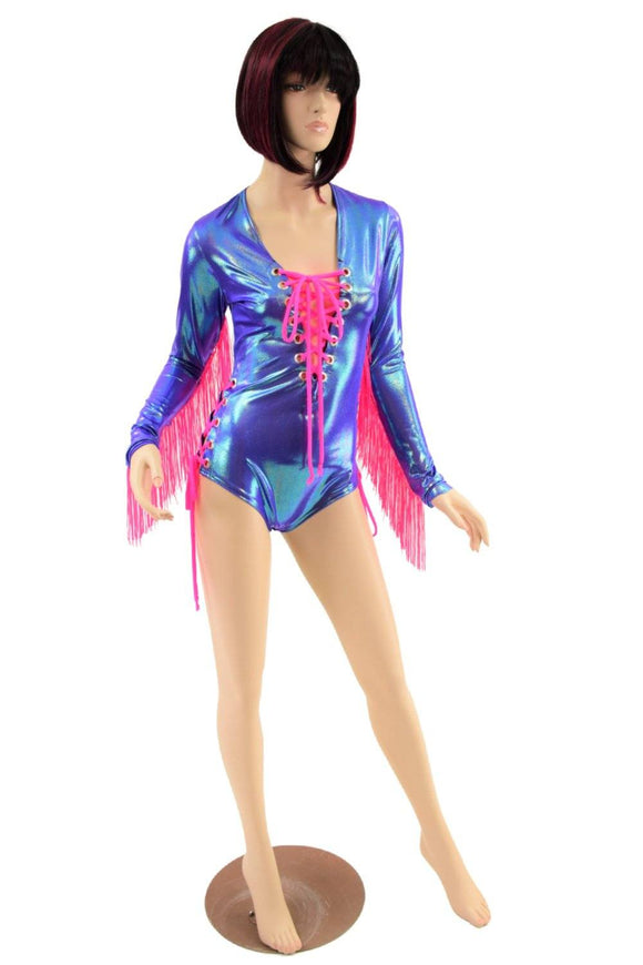 Lace Up Fringe Romper in Moonstone and Neon Pink - Coquetry Clothing