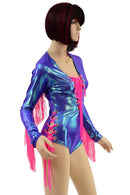 Lace Up Fringe Romper in Moonstone and Neon Pink - Coquetry Clothing