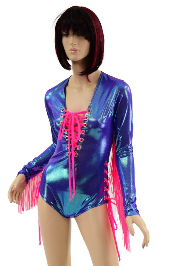 Lace Up Fringe Romper in Moonstone and Neon Pink - Coquetry Clothing