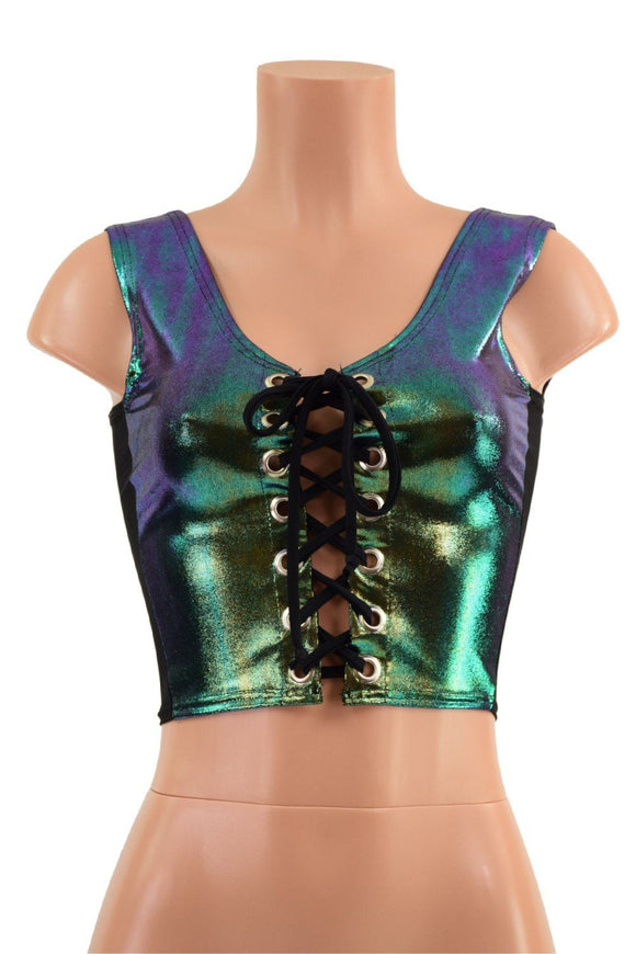 Lace Up Front Crop Tank in Scarab with Mesh Side Panels - Coquetry Clothing