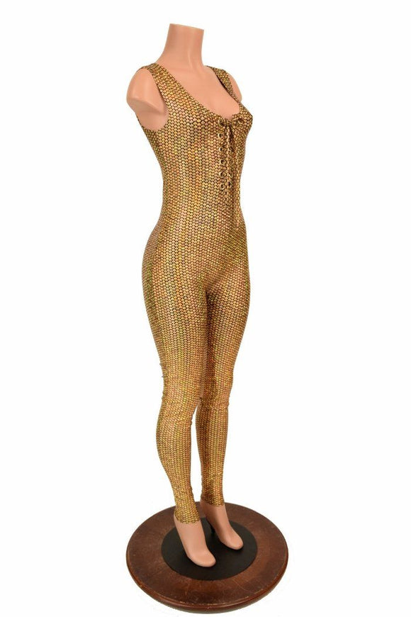 Lace Up Gold Holographic Catsuit - Coquetry Clothing