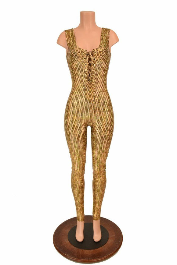 Lace Up Gold Holographic Catsuit - Coquetry Clothing