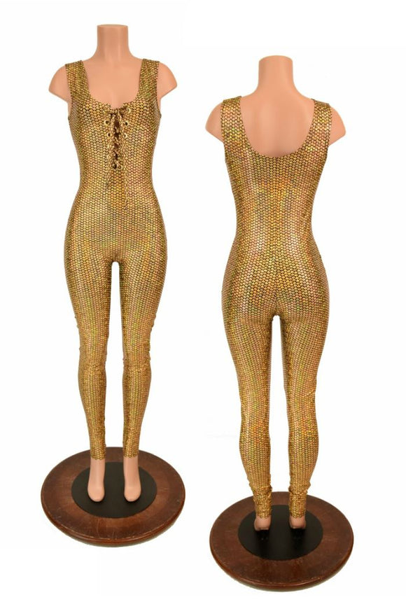 Lace Up Gold Holographic Catsuit - Coquetry Clothing