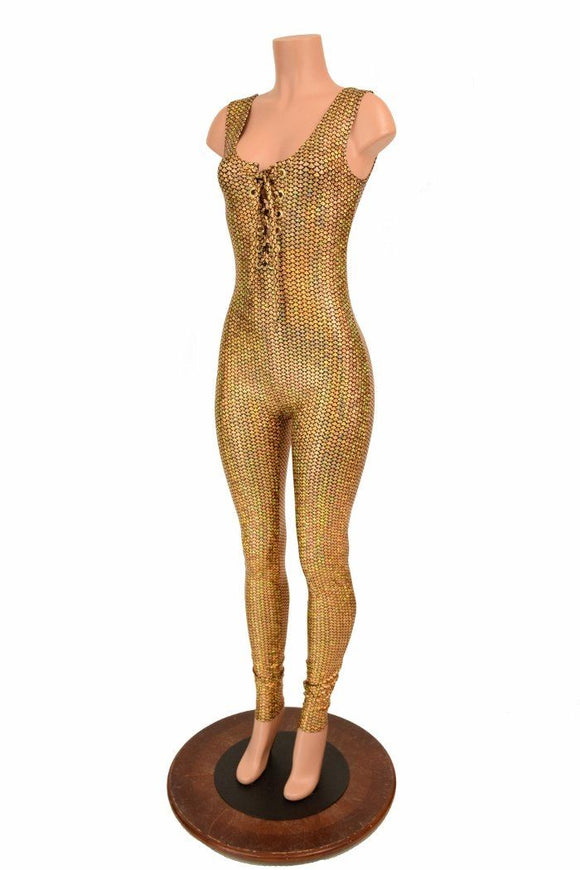 Lace Up Gold Holographic Catsuit - Coquetry Clothing