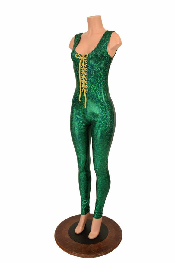 Lace Up Green Holographic Catsuit - Coquetry Clothing