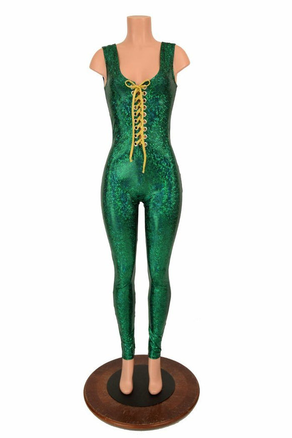 Lace Up Green Holographic Catsuit - Coquetry Clothing