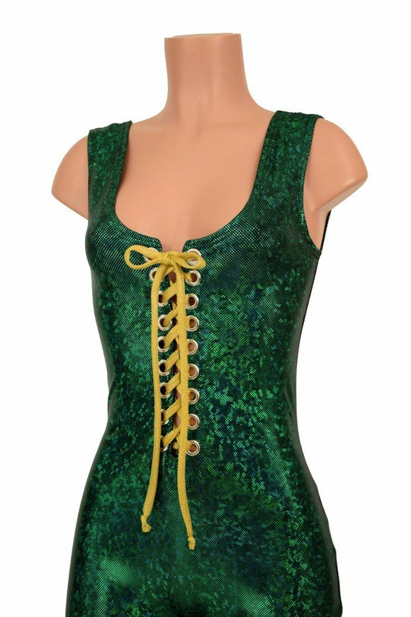 Lace Up Green Holographic Catsuit - Coquetry Clothing