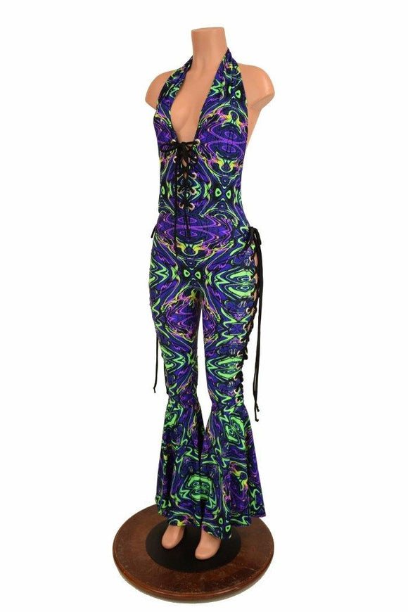 Lace Up "Josie" Halter Bell Bottom Flare Catsuit - Coquetry Clothing