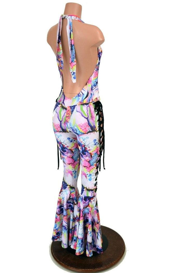 Lace Up "Josie" Halter Bell Bottom Flare Catsuit - Coquetry Clothing