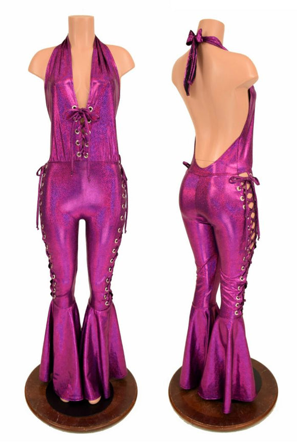 Lace Up "Josie" Halter Bell Bottom Flare Catsuit - Coquetry Clothing