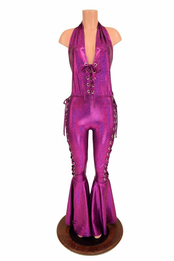 Lace Up "Josie" Halter Bell Bottom Flare Catsuit - Coquetry Clothing