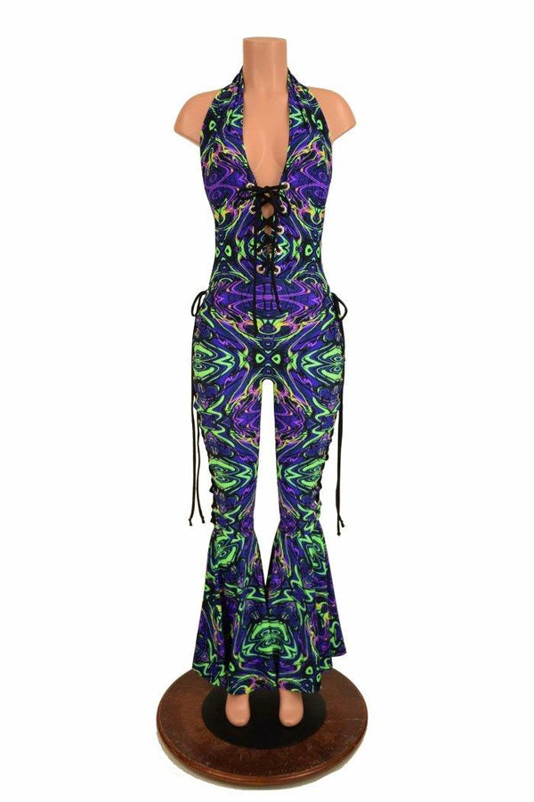 Lace Up "Josie" Halter Bell Bottom Flare Catsuit - 2