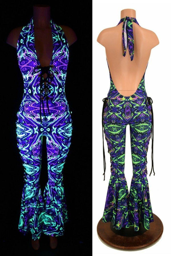 Lace Up "Josie" Halter Bell Bottom Flare Catsuit - 1