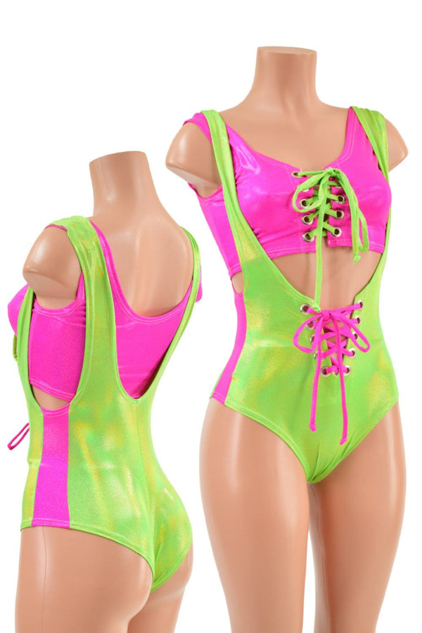 Lace Up Suspender Romper and Mini Crop Top Set - 1