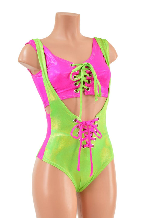 Lace Up Suspender Romper and Mini Crop Top Set - 2