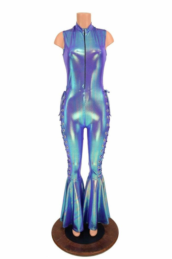 Lace Up Zippered Bell Bottom Flare Catsuit - Coquetry Clothing