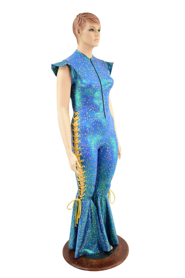 Lace Up Zippered Bell Bottom Flare Catsuit - 2