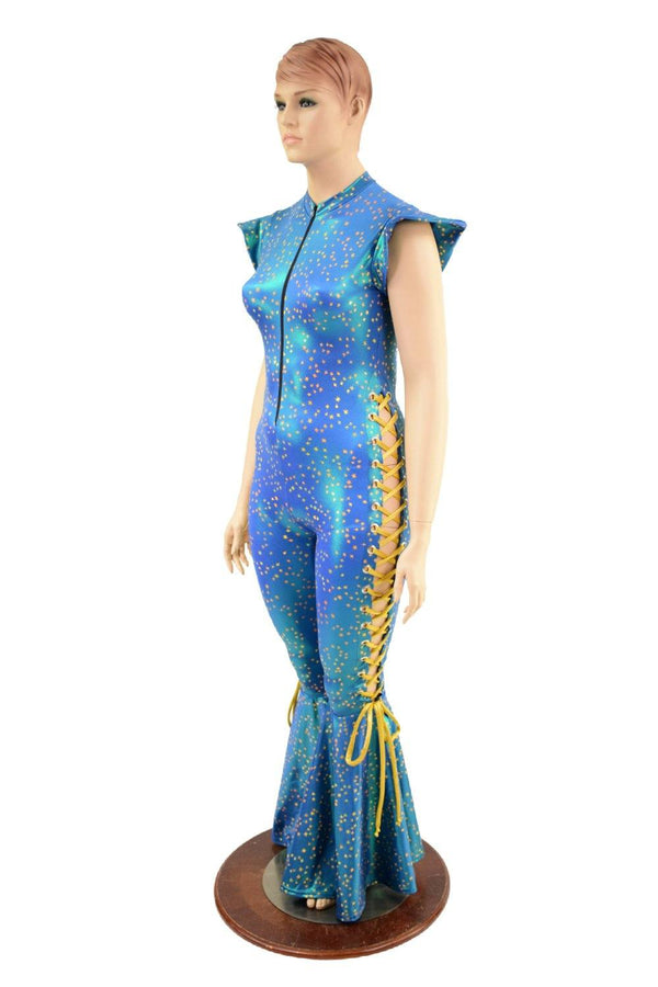 Lace Up Zippered Bell Bottom Flare Catsuit - 4