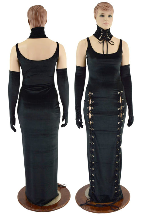Double Lace Up Thin Strap Velvet Gown (Collar and Gloves Sold Separately) - Coquetry Clothing