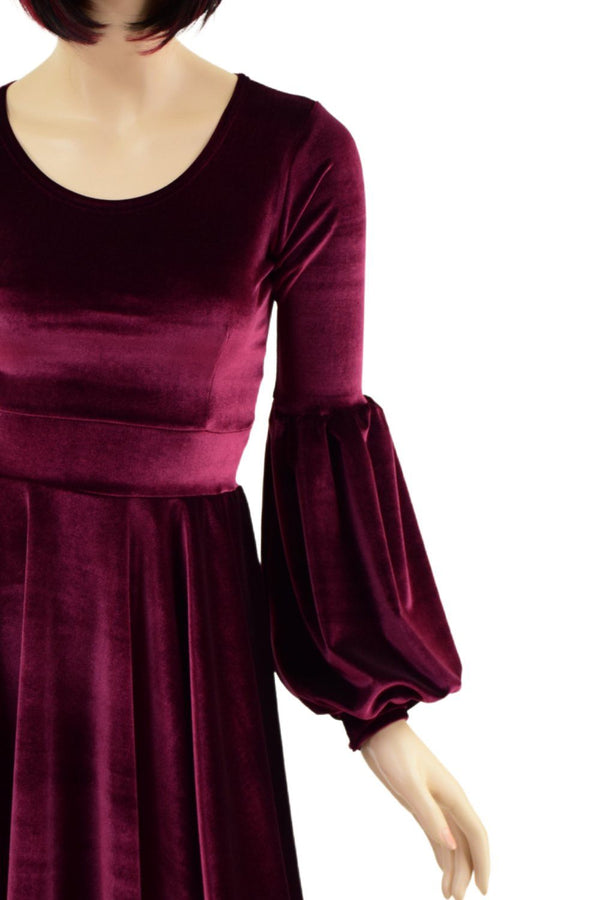 Burgundy Velvet Lantern Sleeve Skater Dress - 7