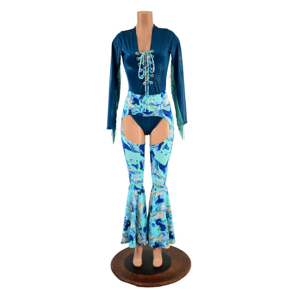 Lapis Lagoon Bell Bottom Chaps and Fringed Laceup Romper Set - Coquetry Clothing