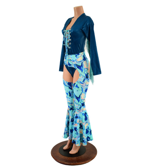 Lapis Lagoon Bell Bottom Chaps and Fringed Laceup Romper Set - Coquetry Clothing