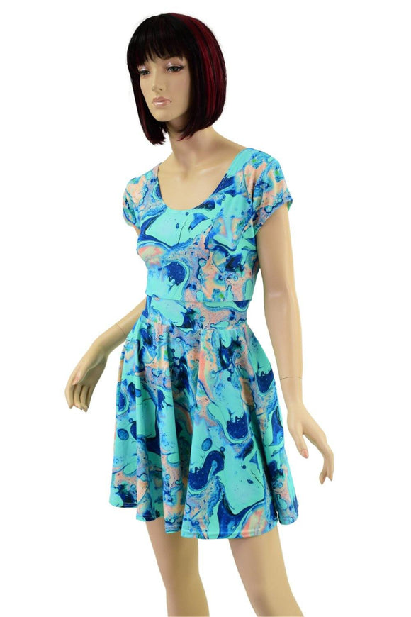 Lapis Lagoon Cap Sleeve Skater Dress - Coquetry Clothing