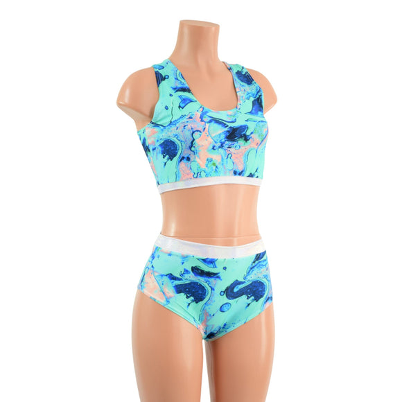 Lapis Lagoon Racerback Crop and Midrise Siren Shorts with Flashbulb Trim - Coquetry Clothing